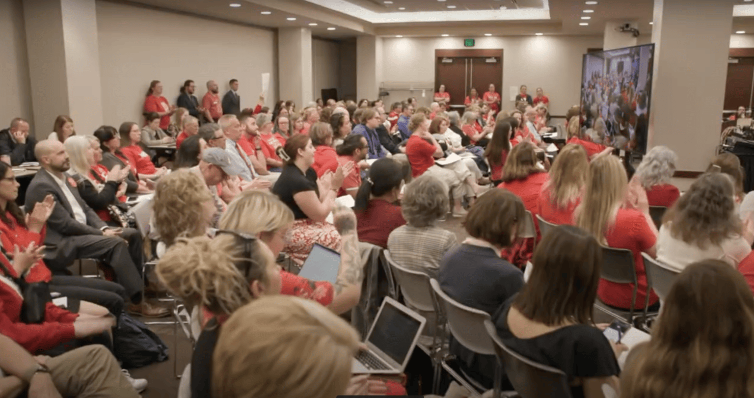 Hoosier teachers packed the Indiana State Board of Education’s meeting, held on Wednesday, May 8, 2024, in a conference room at the Indiana Government Center in Indianapolis. (Screenshot from the State Board of Education livestream)